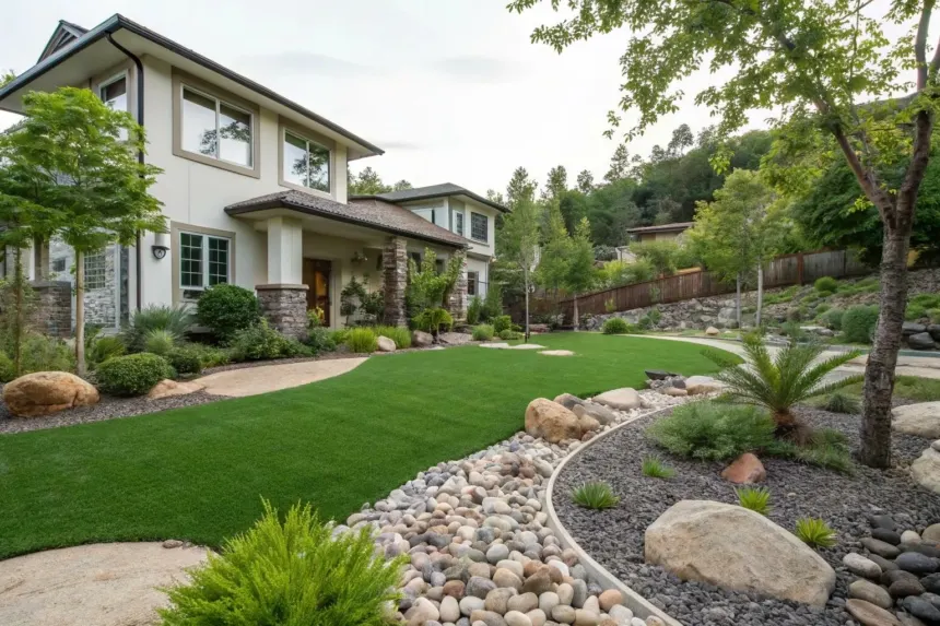 Front yard turf with boulders, river rock and a curved concrete path
