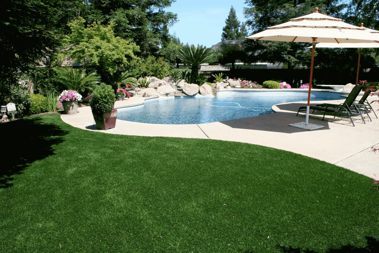 Artificial turf lawn running up to a pool deck with umbrellas