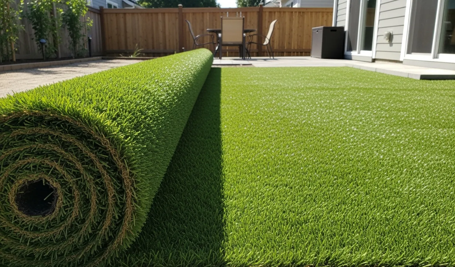 A roll of artificial turf being unrolled across a prepared, compacted base
